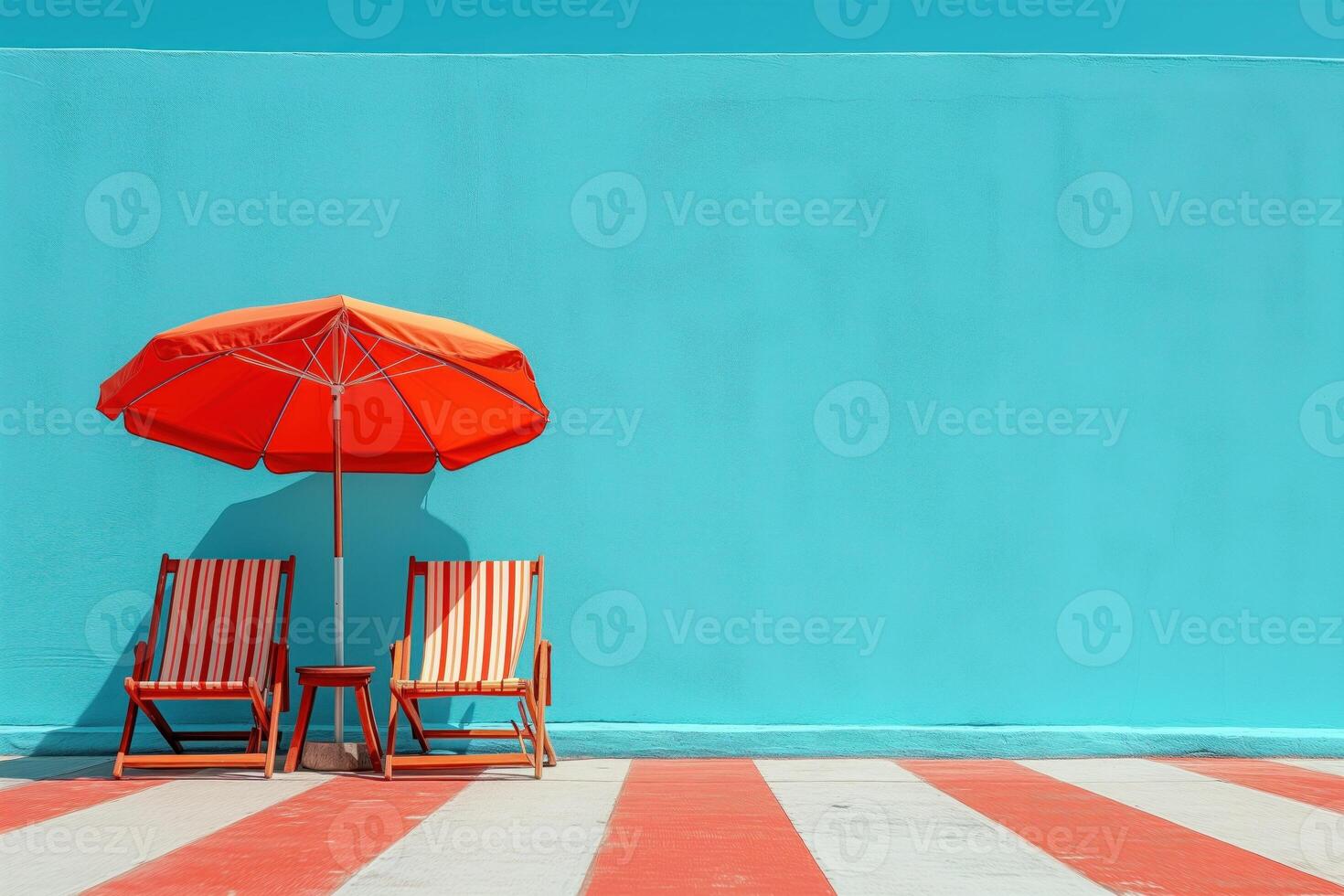 ai generado playa cubierta sillas y paraguas conjunto en ligero antecedentes foto