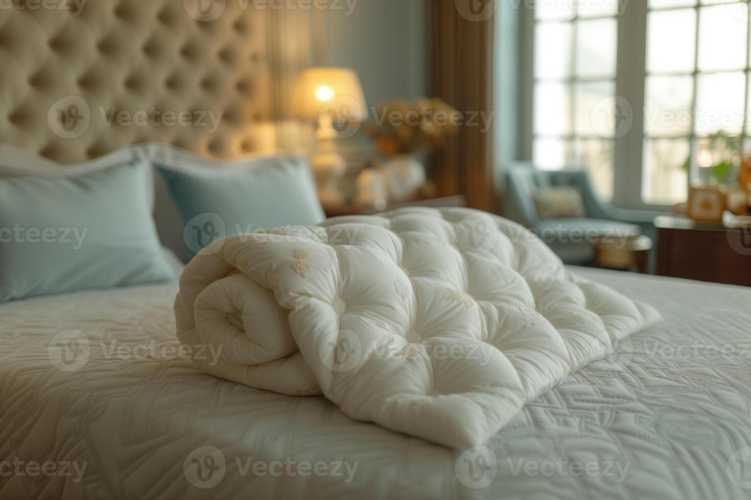 AI generated White duvet is lying on top of a bed photo