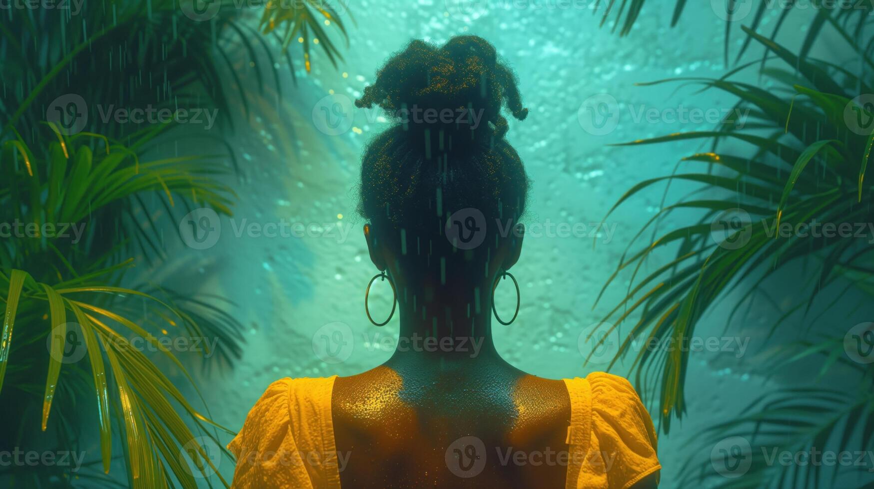 AI generated Woman with her back in beautiful tropics in the rainy weather photo