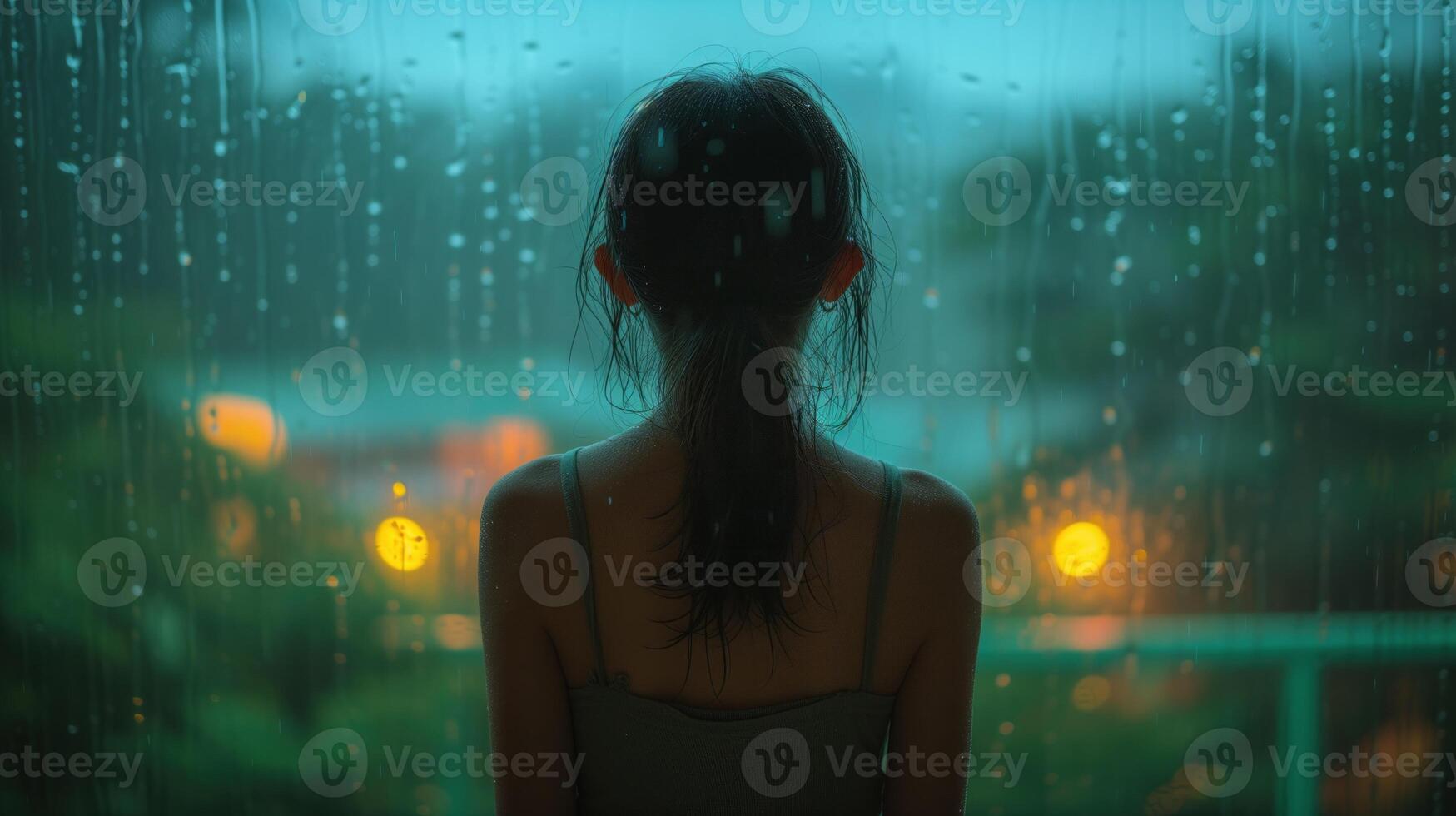 AI generated Woman with her back in beautiful tropics in the rainy weather photo