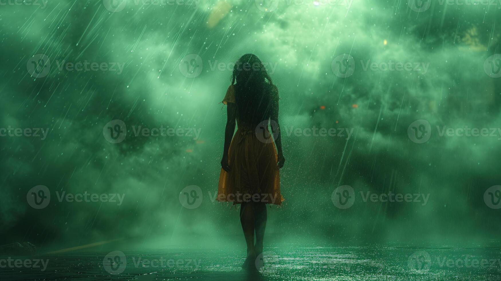 AI generated Woman with her back in beautiful tropics in the rainy weather photo