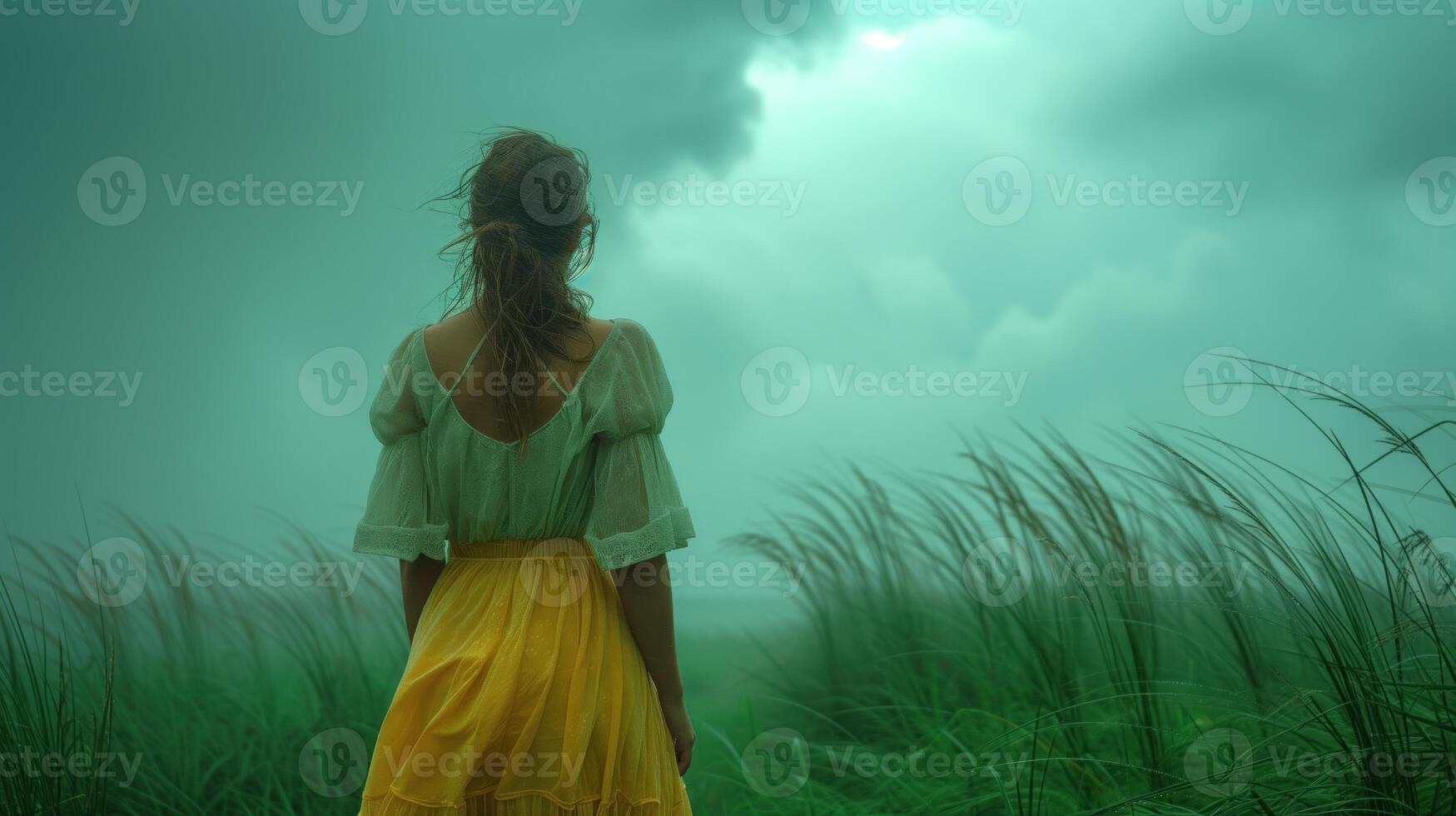 AI generated Woman with her back in beautiful tropics in the rainy weather photo
