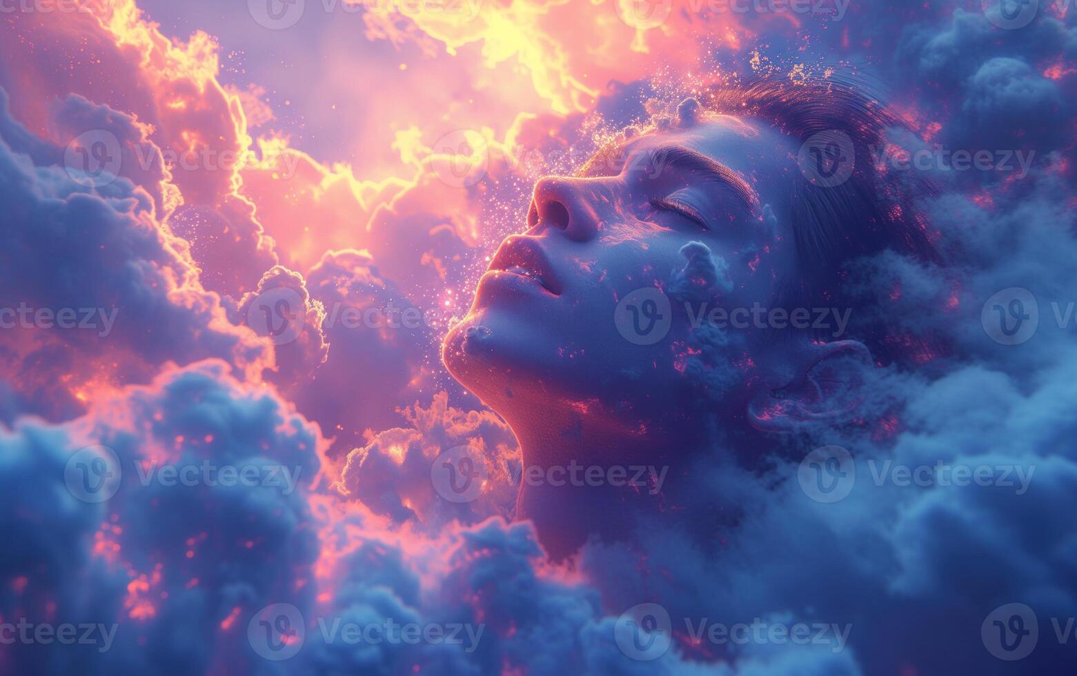 AI generated Face with dark sky-blue and light magenta clouds surrounding his face photo