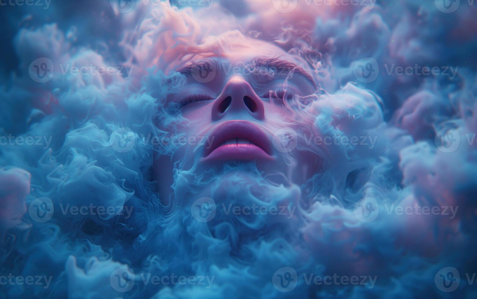 AI generated Face with dark sky-blue and light magenta clouds surrounding his face photo