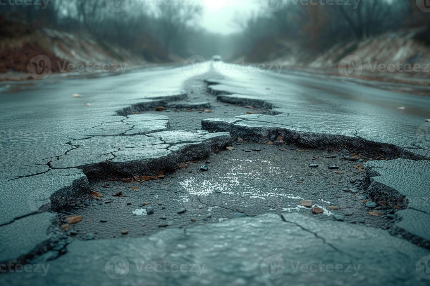 ai generado la carretera grieta en el la carretera y coche Moviente en asfalto superficie foto