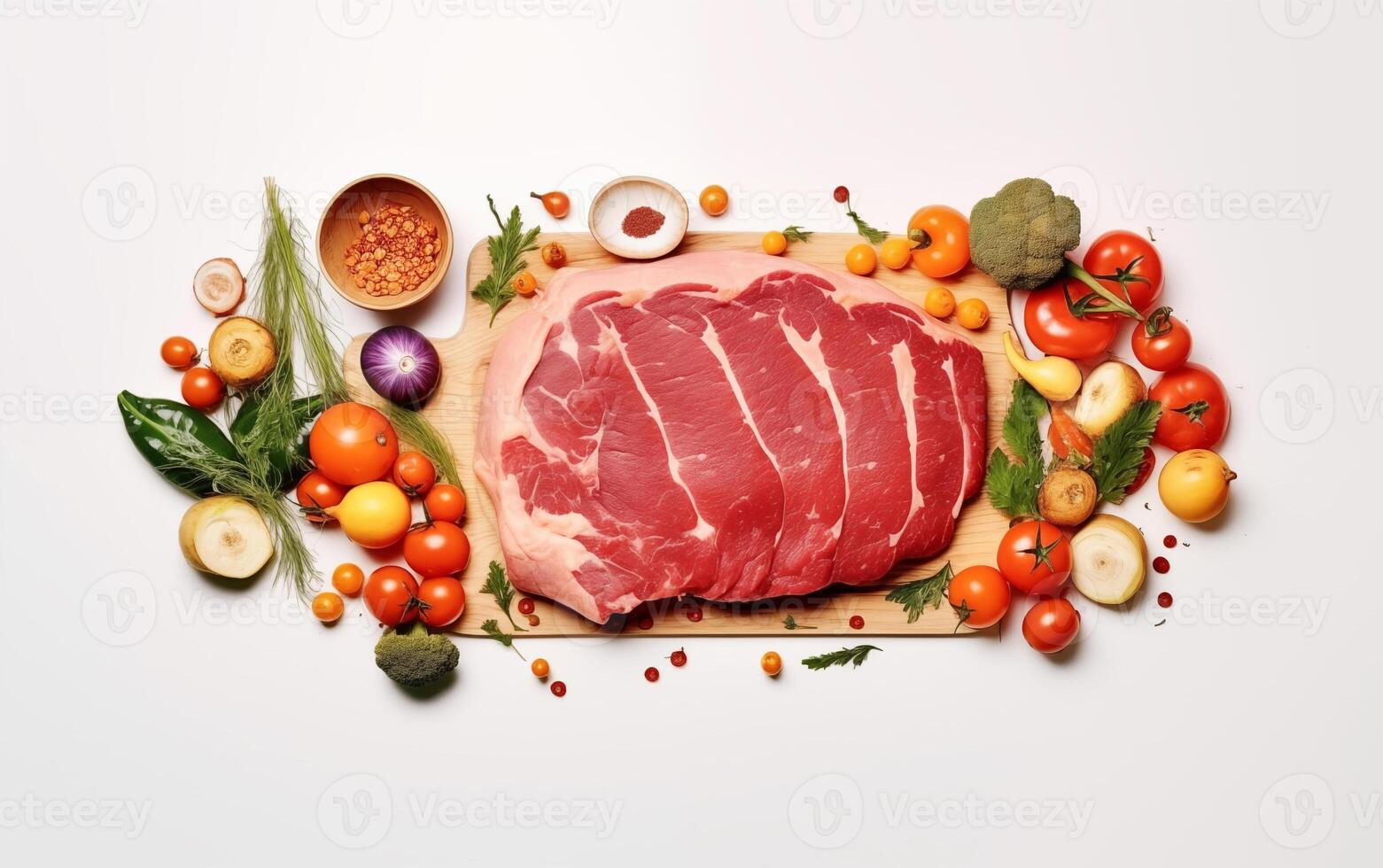 AI generated Meat cow ready with vegetable for cooking Isolated on White background photo