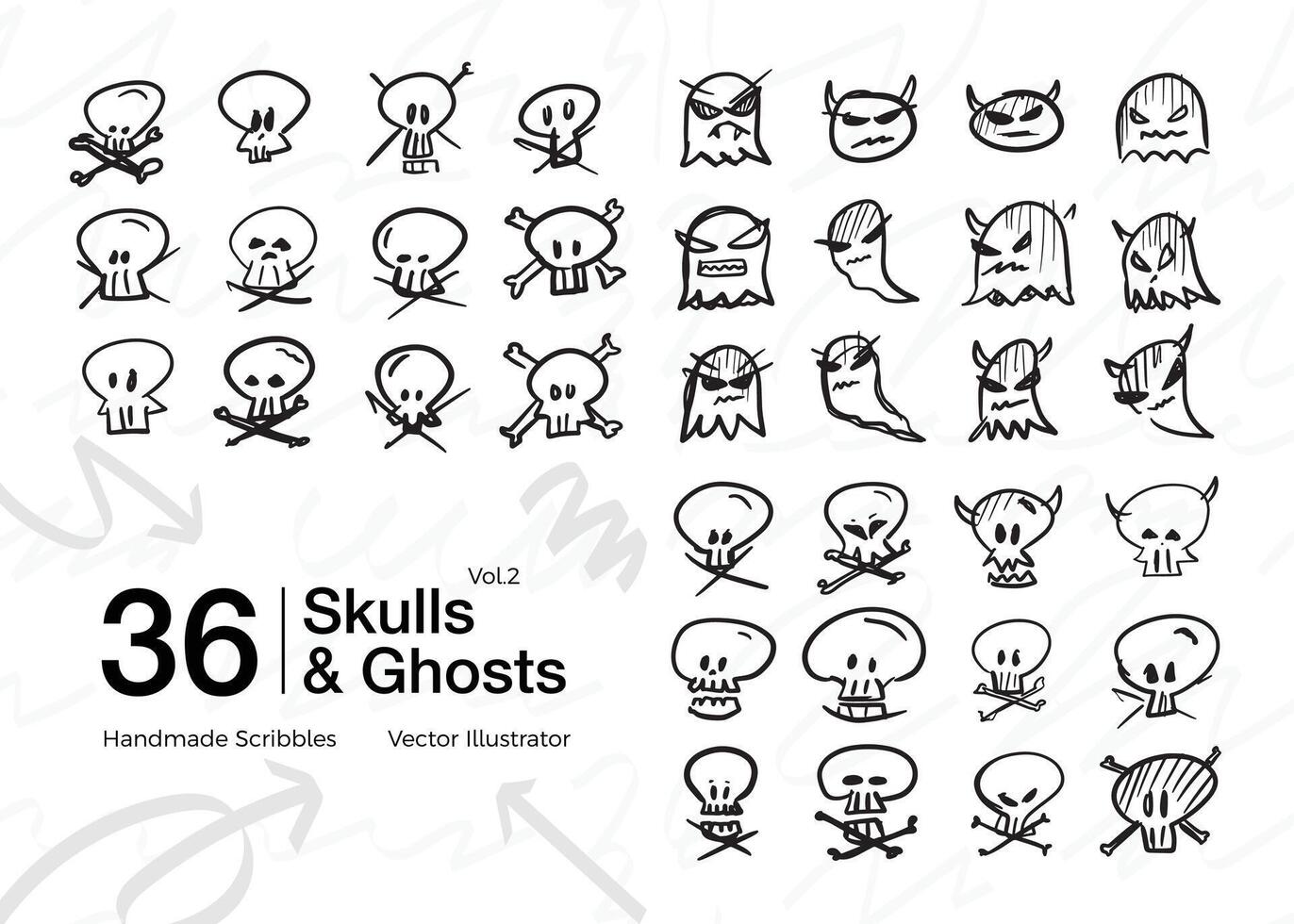 collection of doodle sketches of ghosts and skulls vector