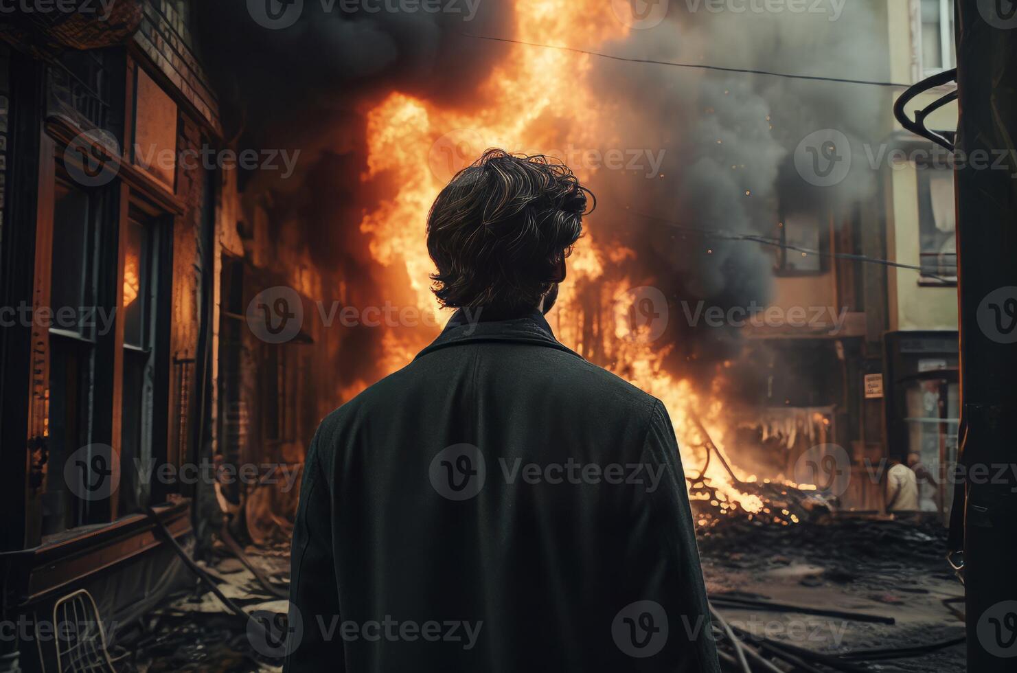 AI generated Man burning building. Generate AI photo