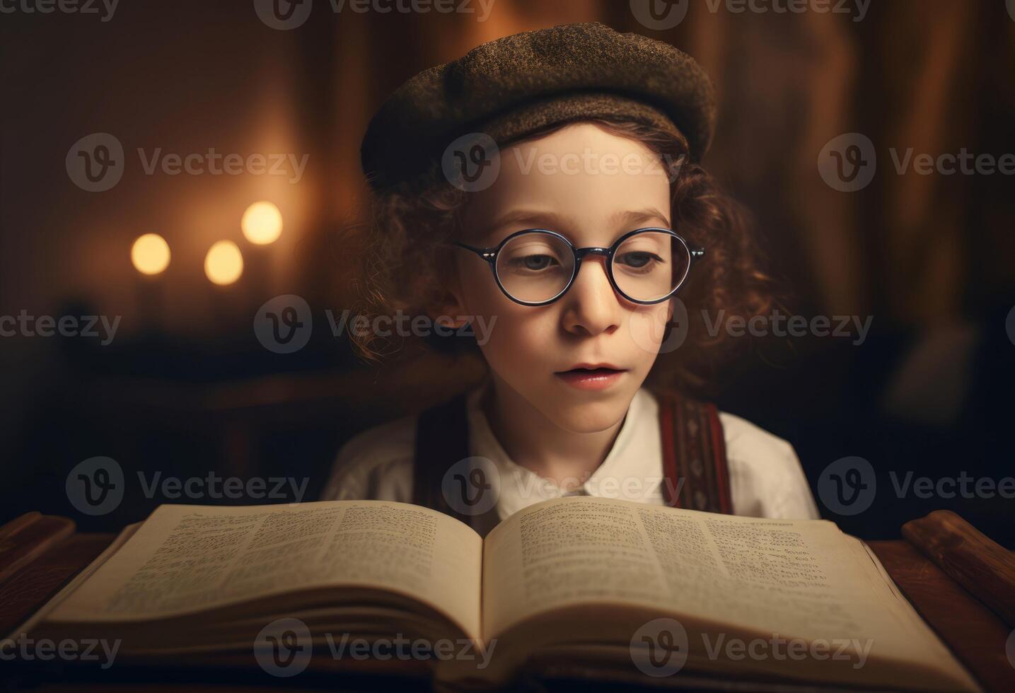 AI generated School boy reading torah. Generate AI photo