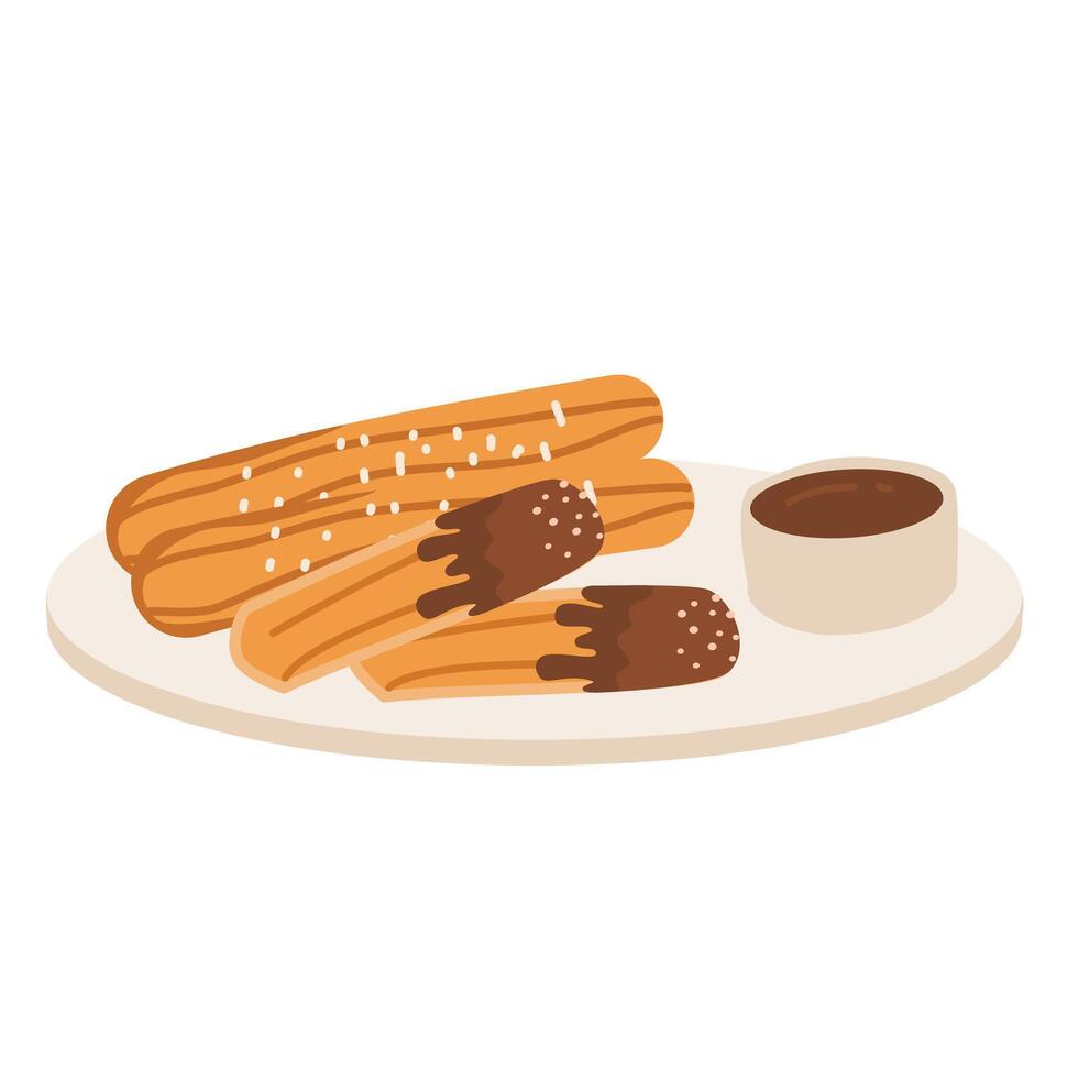 traditional mexican dessert churros with chocolate vector