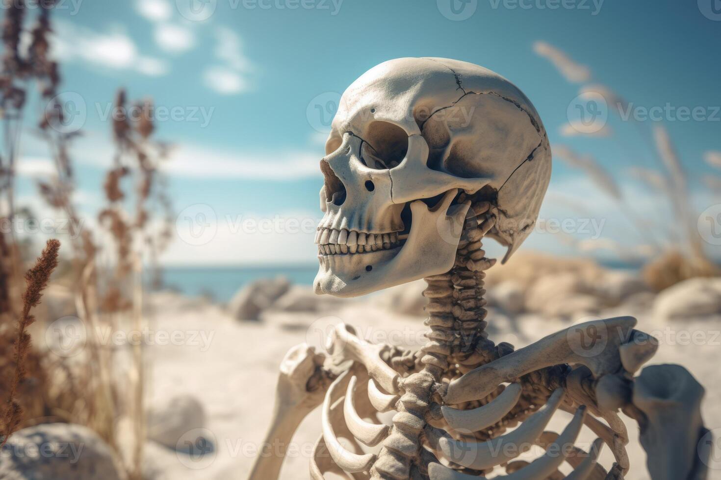 AI generated Spooky beautiful human skeleton on seashore. Generate ai photo