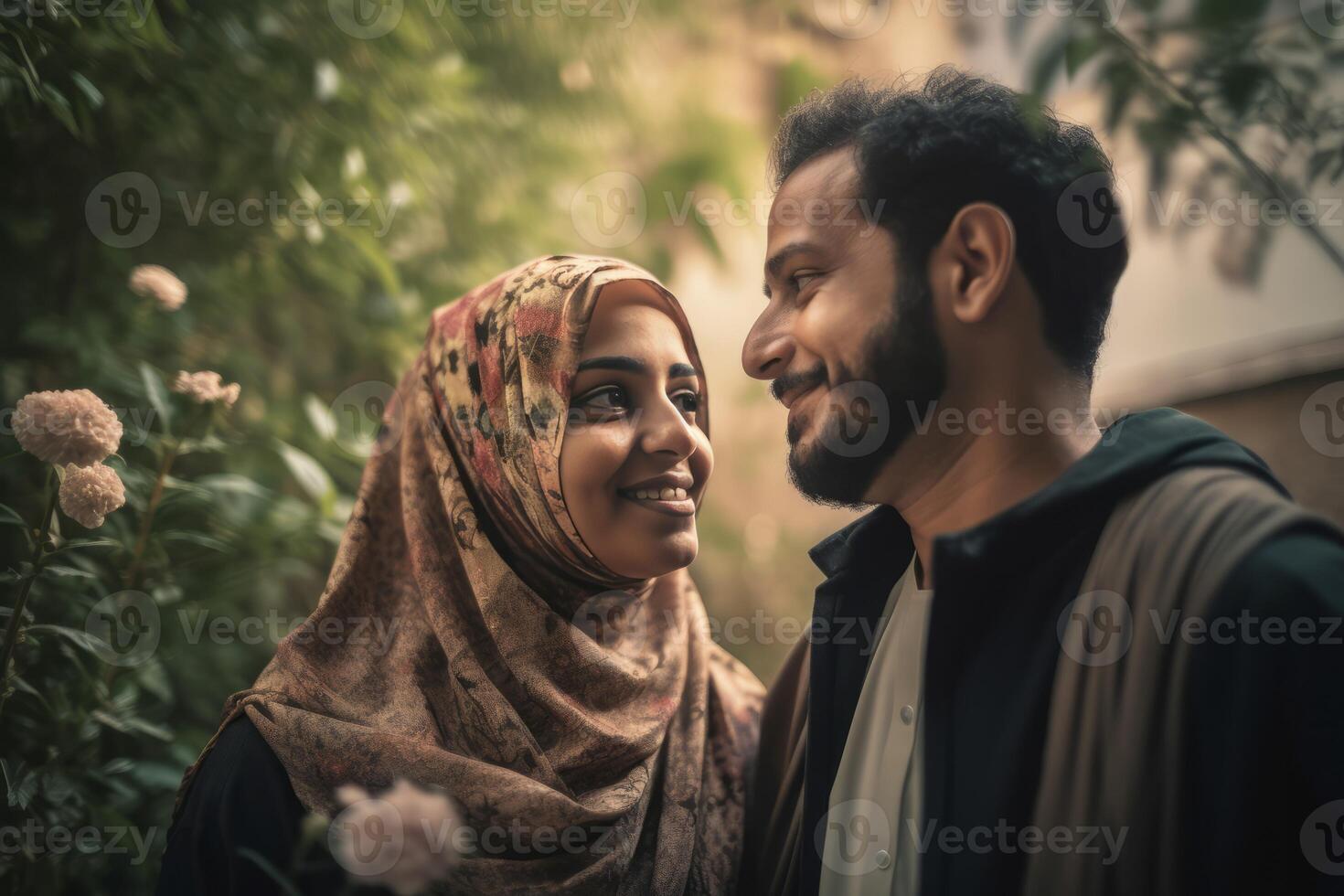 AI generated Happy Saudi couple in garden. Generate ai photo