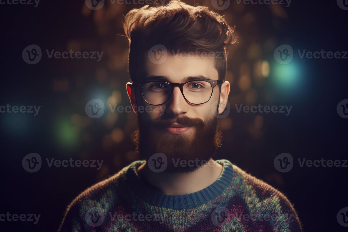 AI generated Positive bearded attractive man in pullover wearing eyeglasses. Generate ai photo