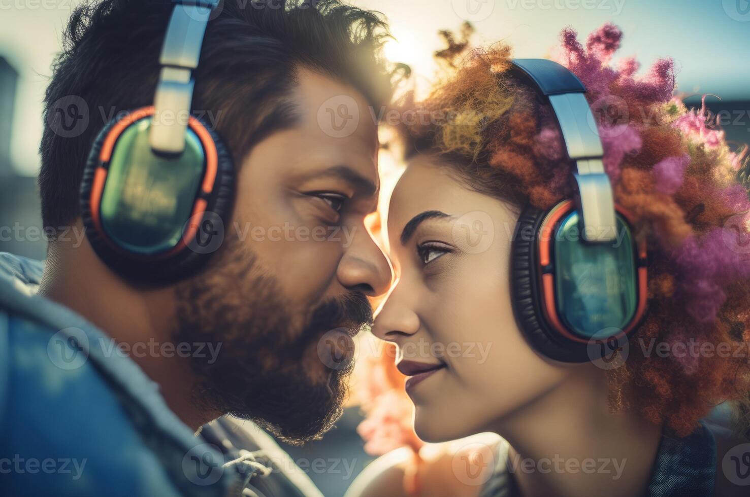 AI generated Affectionate couple portrait with headphones device. Generate ai photo