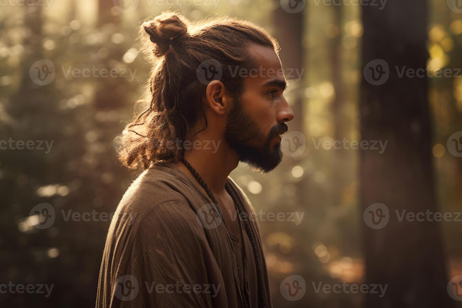 AI generated Epic charismatic young European guy in forest. Generate ai photo