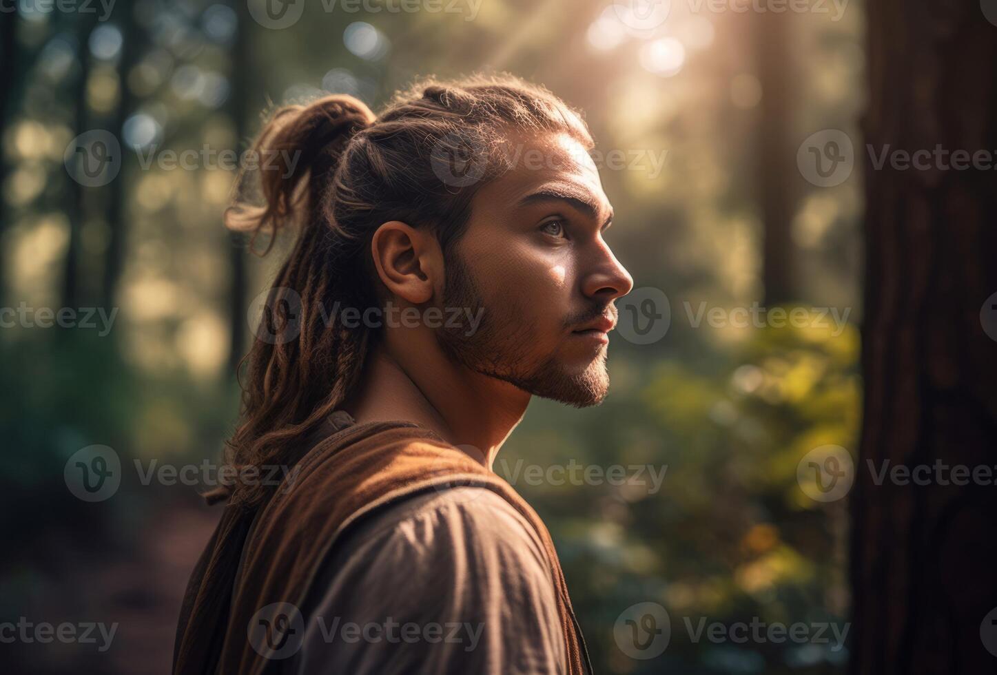 ai generado hipster carismático joven europeo chico en bosque. generar ai foto