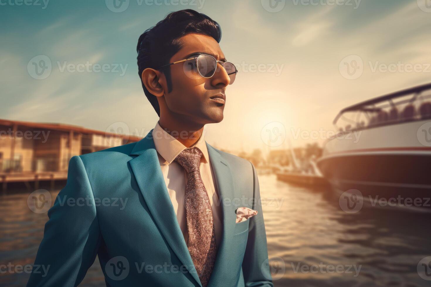 AI generated Indian business man confident at sunset portrait. Generate Ai photo