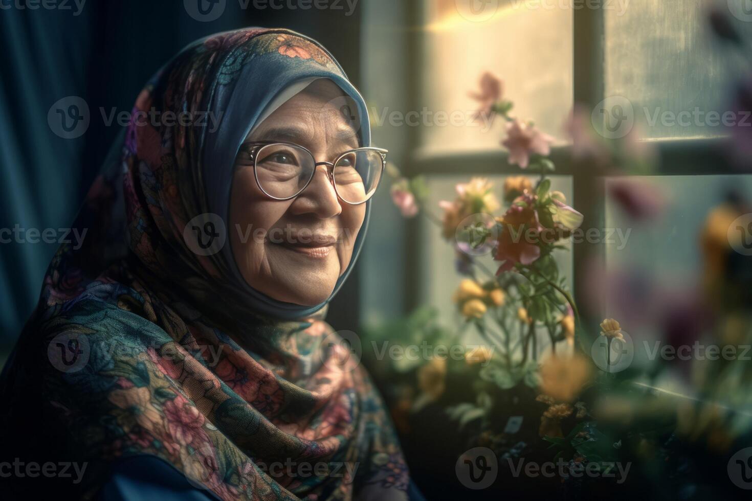 AI generated Indonesian mature woman happy smiling face. Generate Ai photo