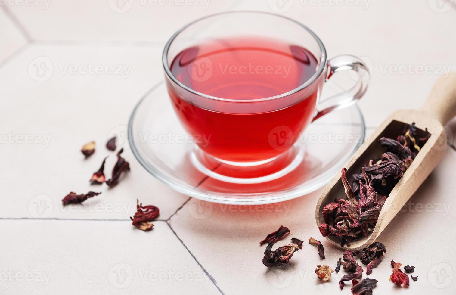 Hibiscus tea in glass mug. photo