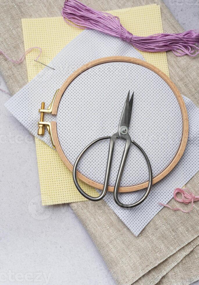 Embroidery hoop, fabric, thread and other accessories photo