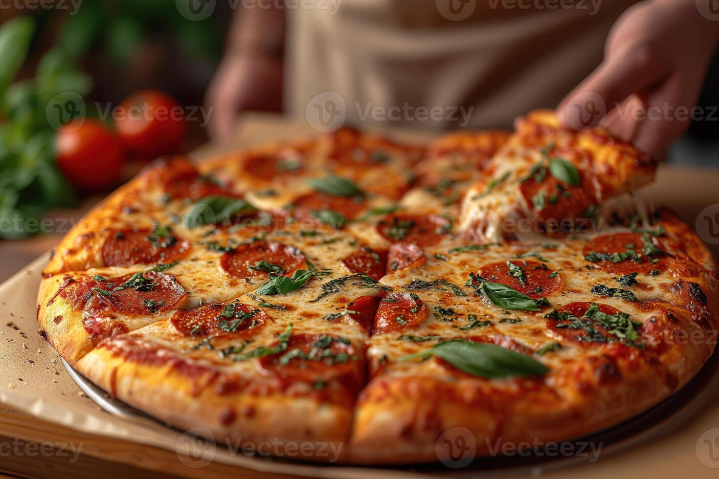 AI generated Open box with delicious pizza in hand photo