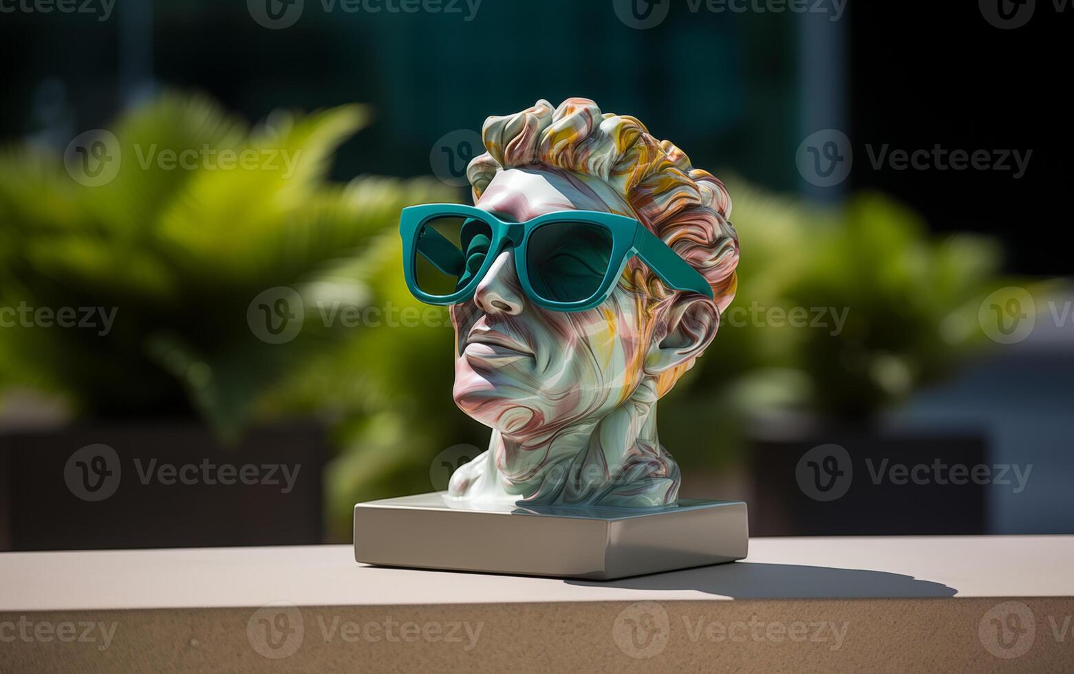 AI generated Marble statue in color glasses torso on a stand photo