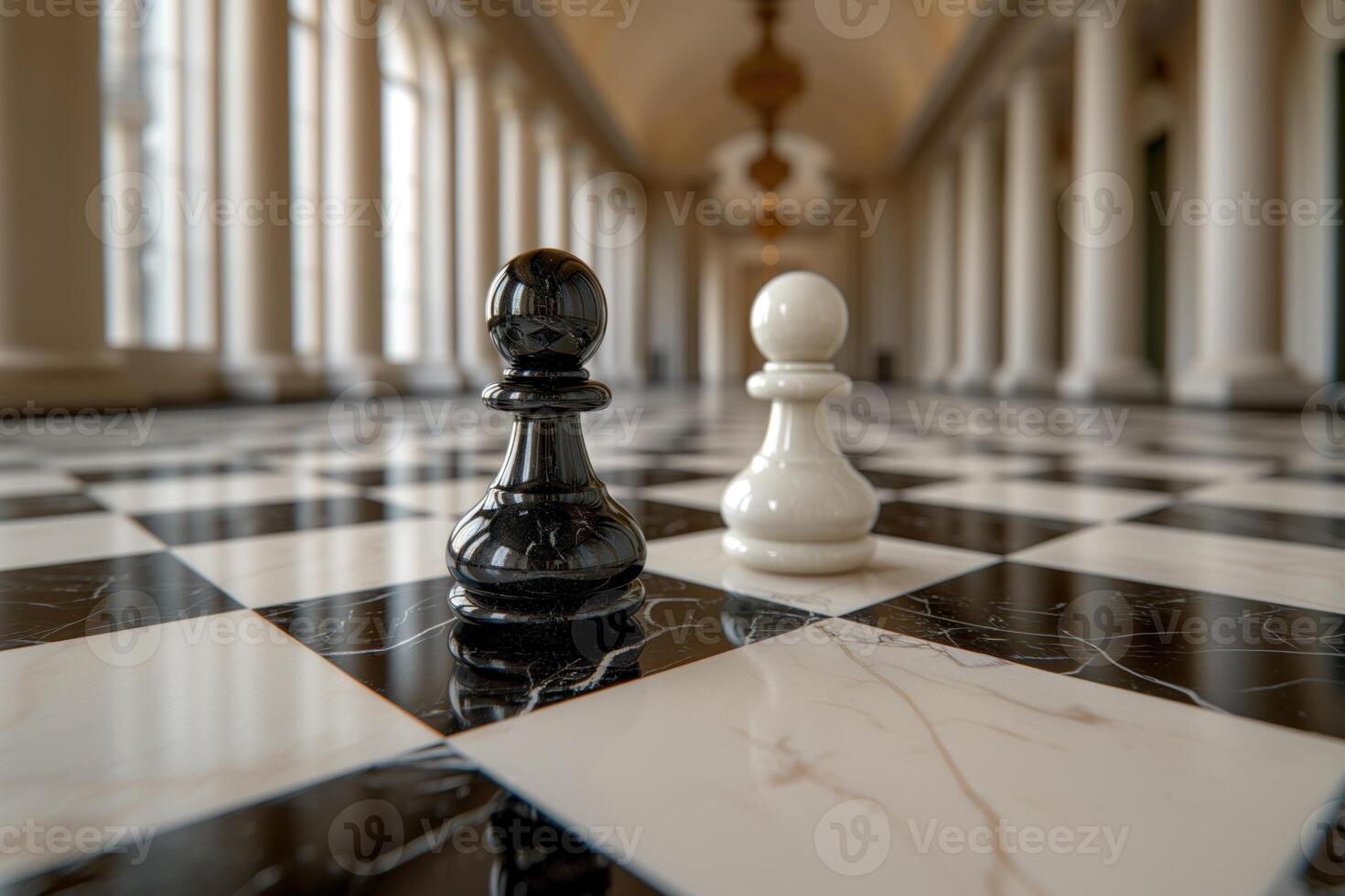 AI generated Black and white chess figures board posing in the front photo