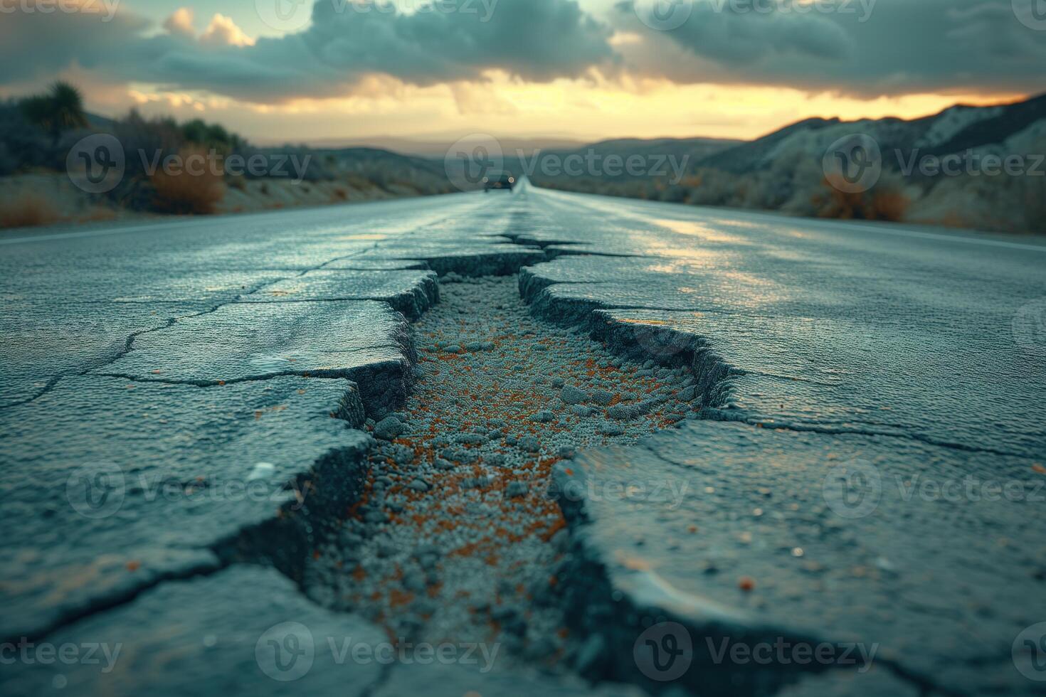 AI generated Road crack in the road and car moving on asphalt surface photo