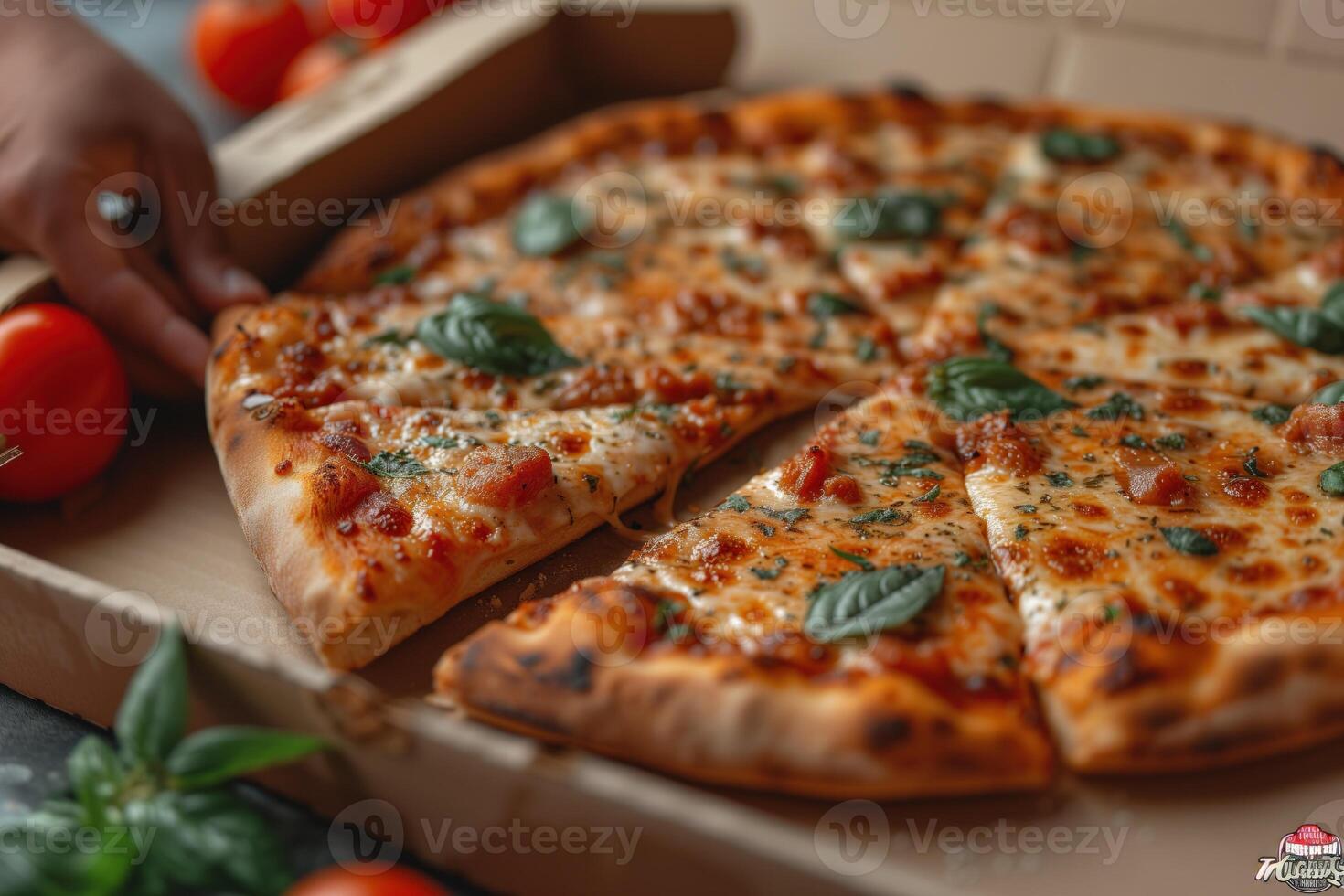 AI generated Open box with delicious pizza in hand photo