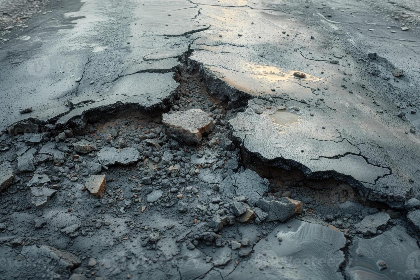 AI generated Road crack in the road and car moving on asphalt surface photo