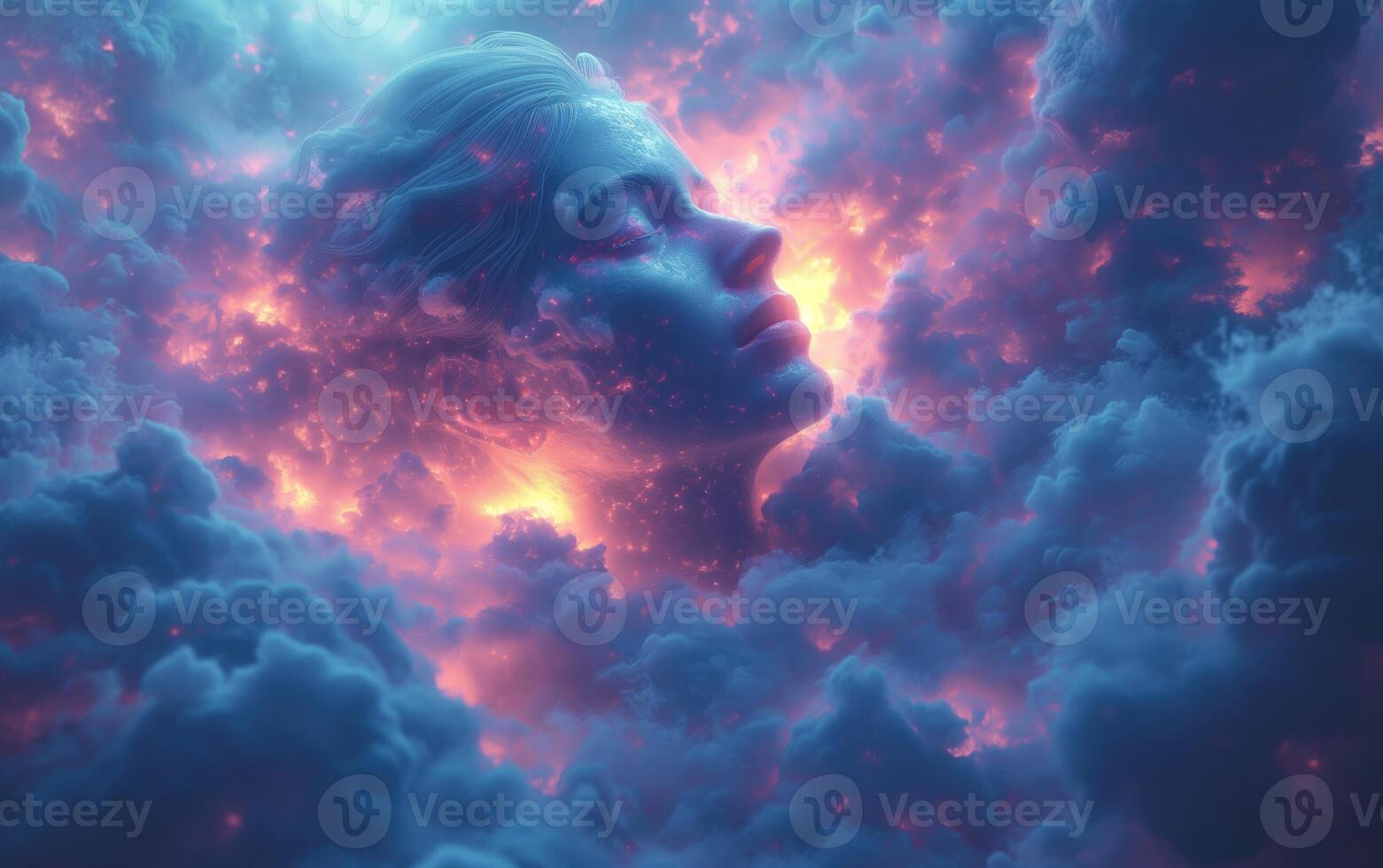 AI generated Face with dark sky-blue and light magenta clouds surrounding his face photo