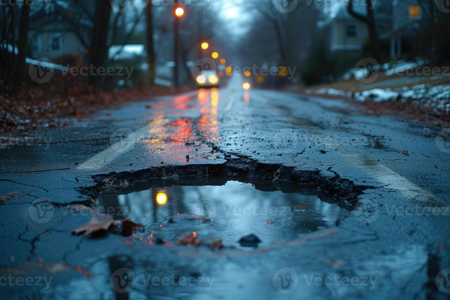 AI generated Road crack in the road and car moving on asphalt surface photo