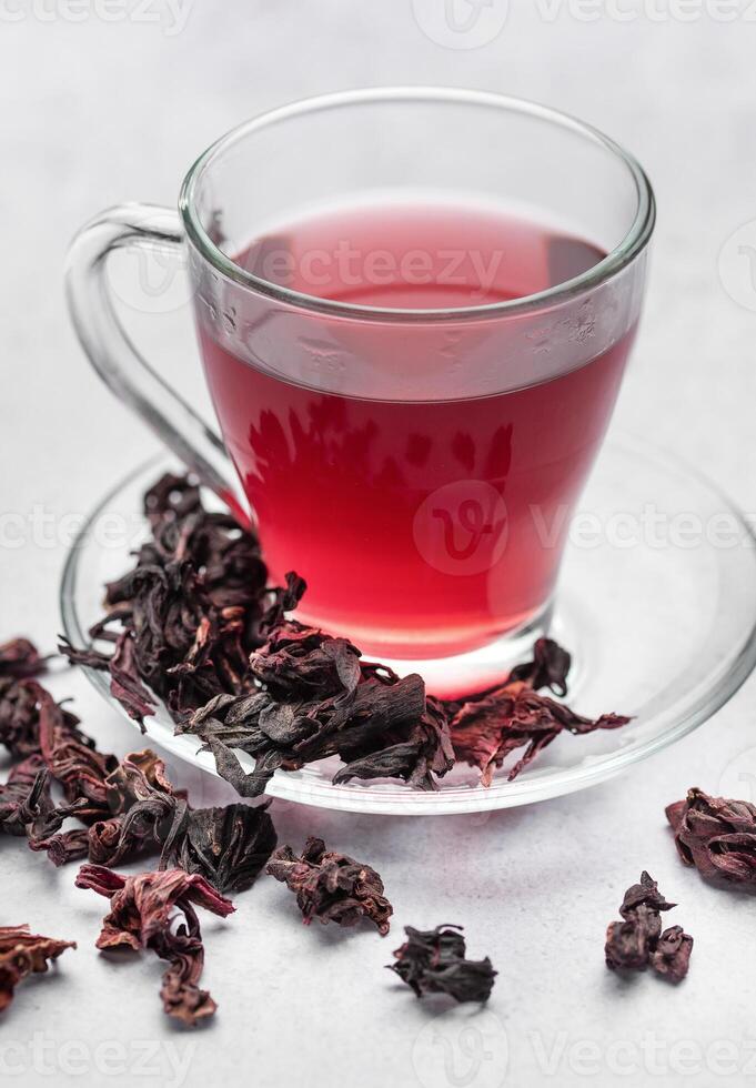 Hibiscus tea in glass mug. photo