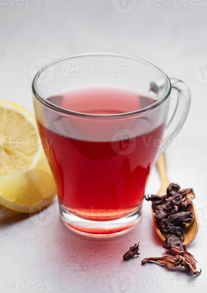 Hibiscus tea in glass mug. photo