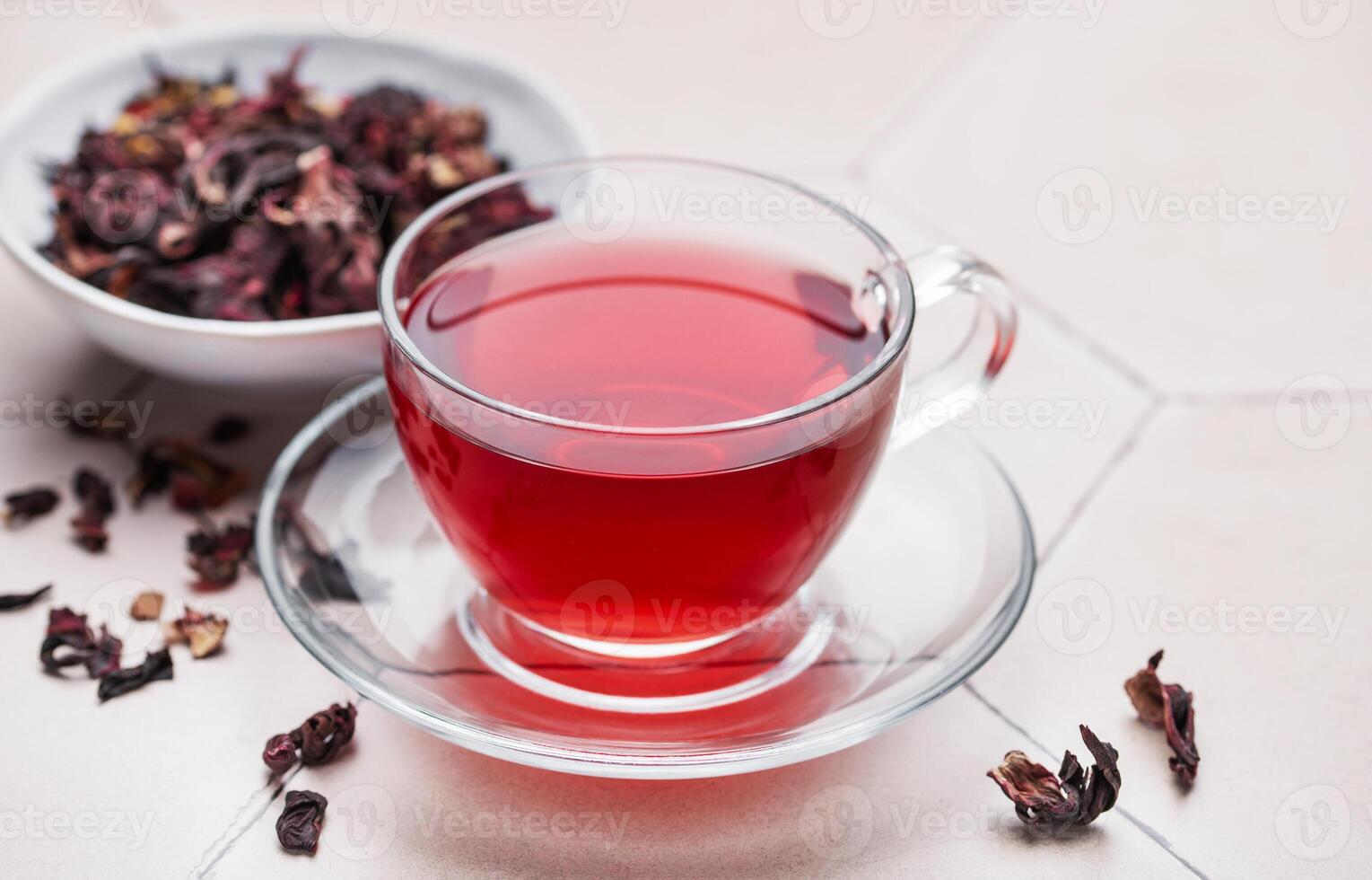 Hibiscus tea in glass mug. photo