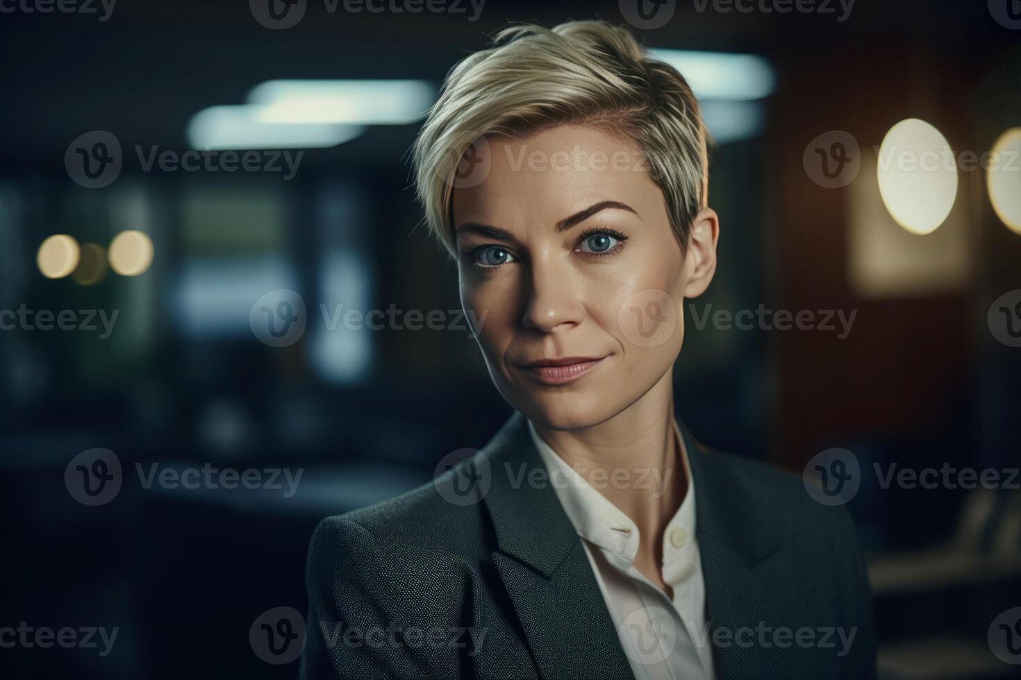 AI generated Elegant businesswoman with short hairstyle office manager. Generate ai photo