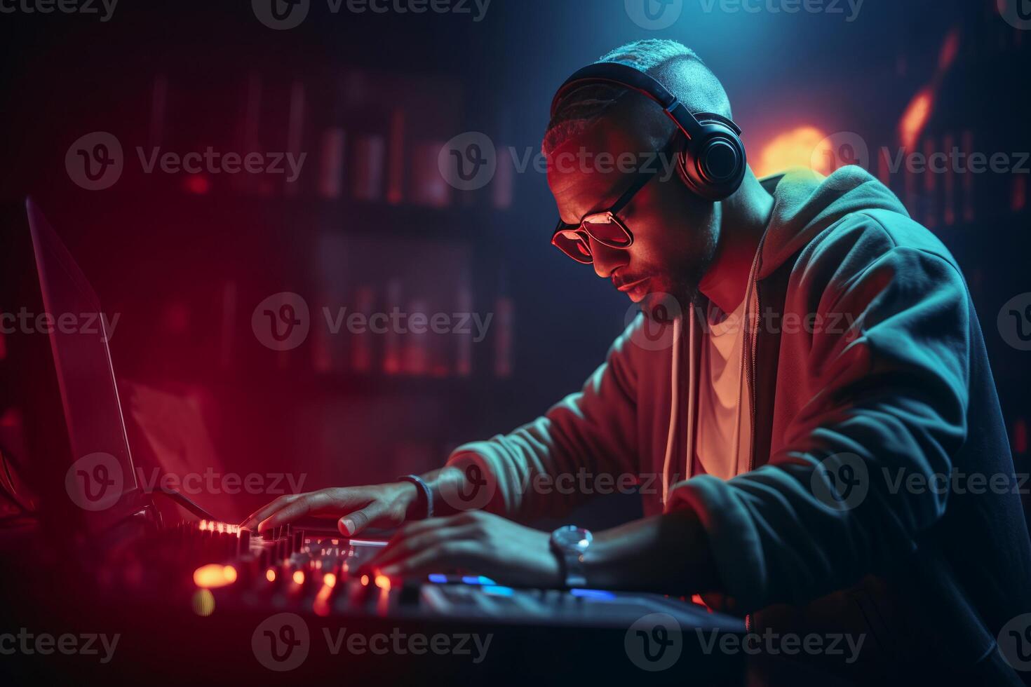 AI generated DJ in spotlight at disco in trendy club. Generate Ai photo