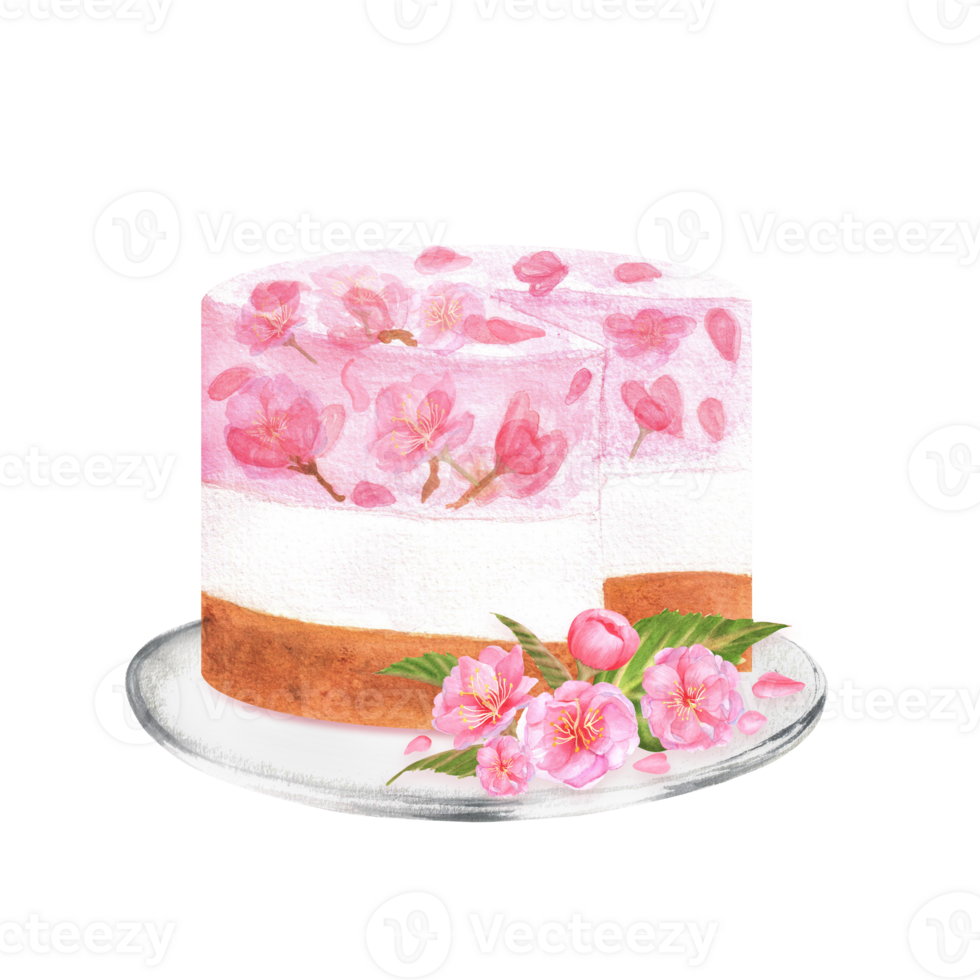 Hand-drawn watercolor illustration. A cake with sakura souffle on the glass plate with sakura flowers png