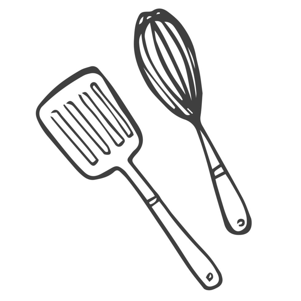 Doodle spatula nd whisk icons sketch set vector