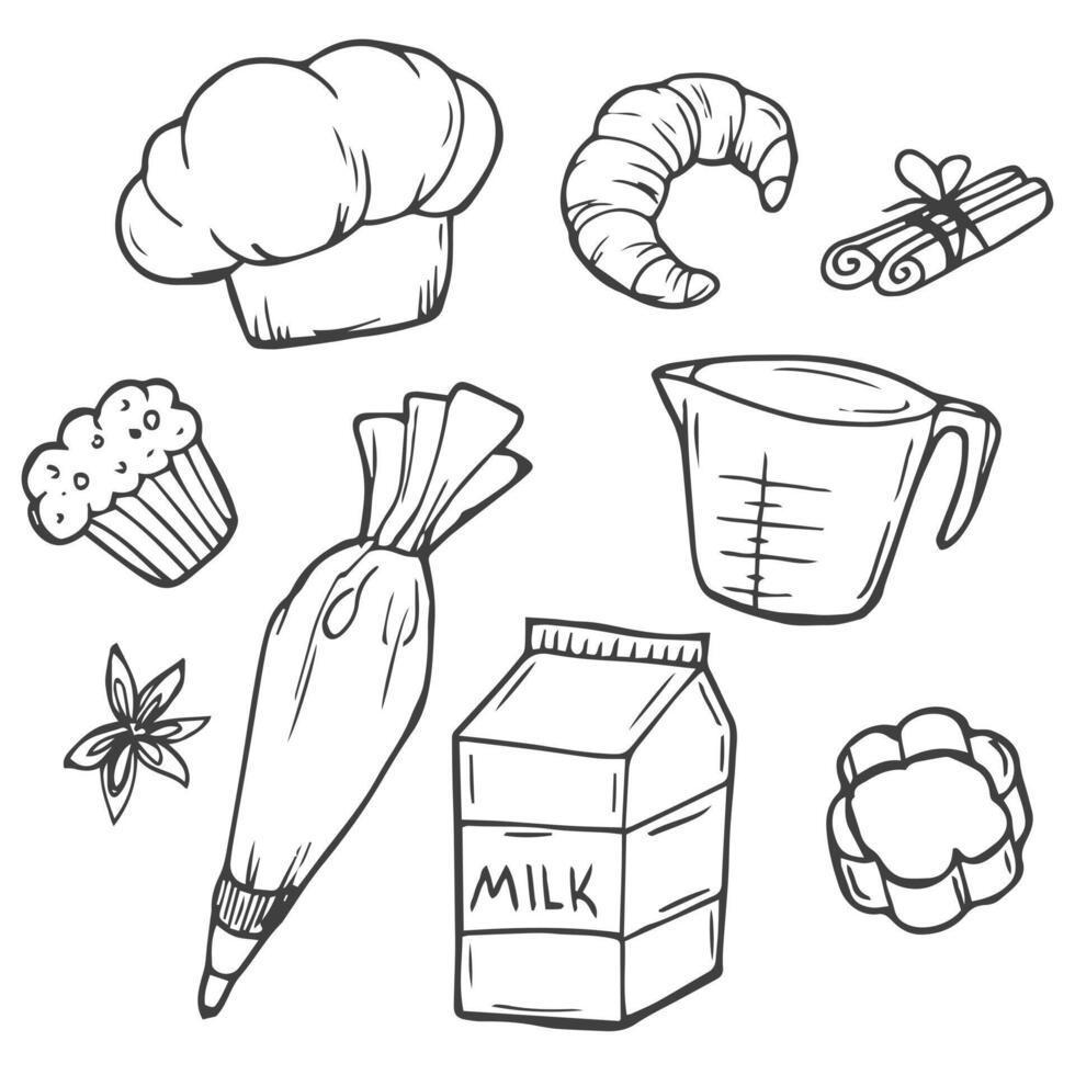 Hand drawn set of baking and cooking tools, mixer, cake, spoon, cupcake, scale. Doodle sketch style. vector