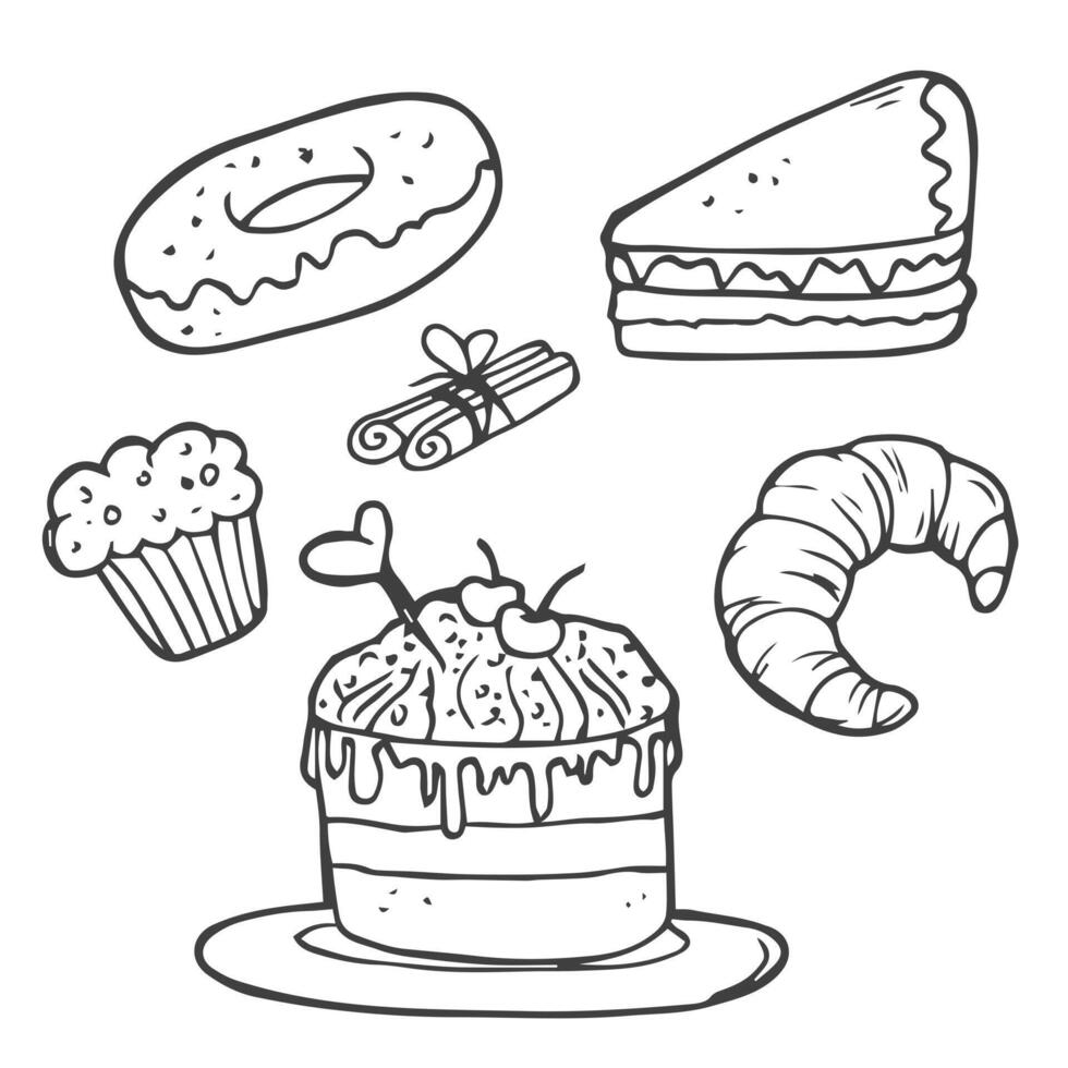 Various cakes and bakery doodle vector set. Pastry icons set