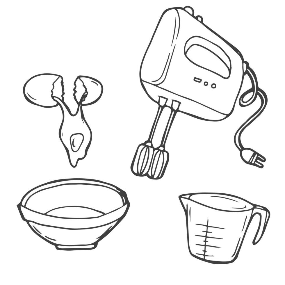 Hand drawn set of baking and cooking tools, mixer, cake, spoon, cupcake, scale. vector