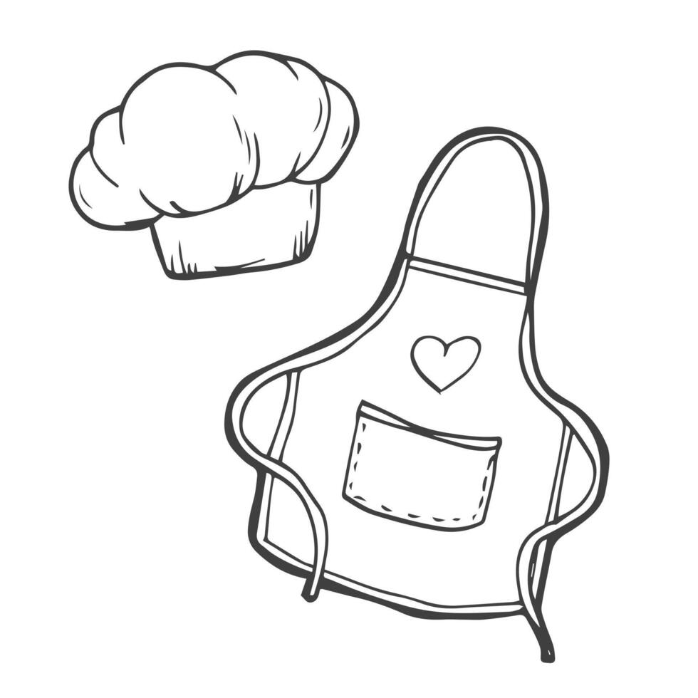 Illustration of isolated set of kitchen apron and chef hat. Doodle cooking design elements vector