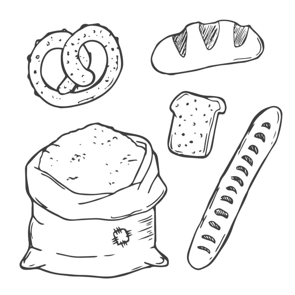 Bread doodle illustration including icons - baguette, basket, slice, challah. Thin line art about baking products. Editable Stroke vector