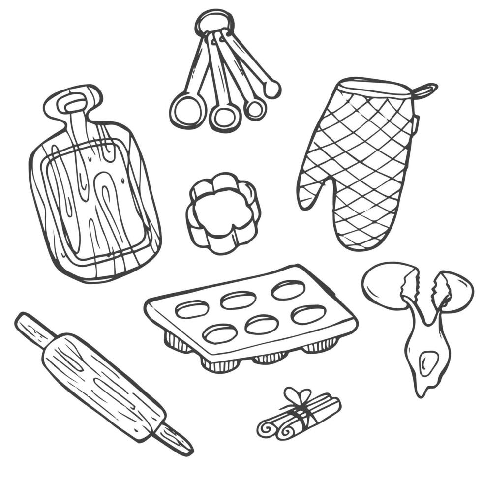 Doodle set of bake ware - baking cups, equipment, dish, bowl, tin, cake plate, muffin, gateau, hand-drawn. Vector sketch illustration isolated over white background.