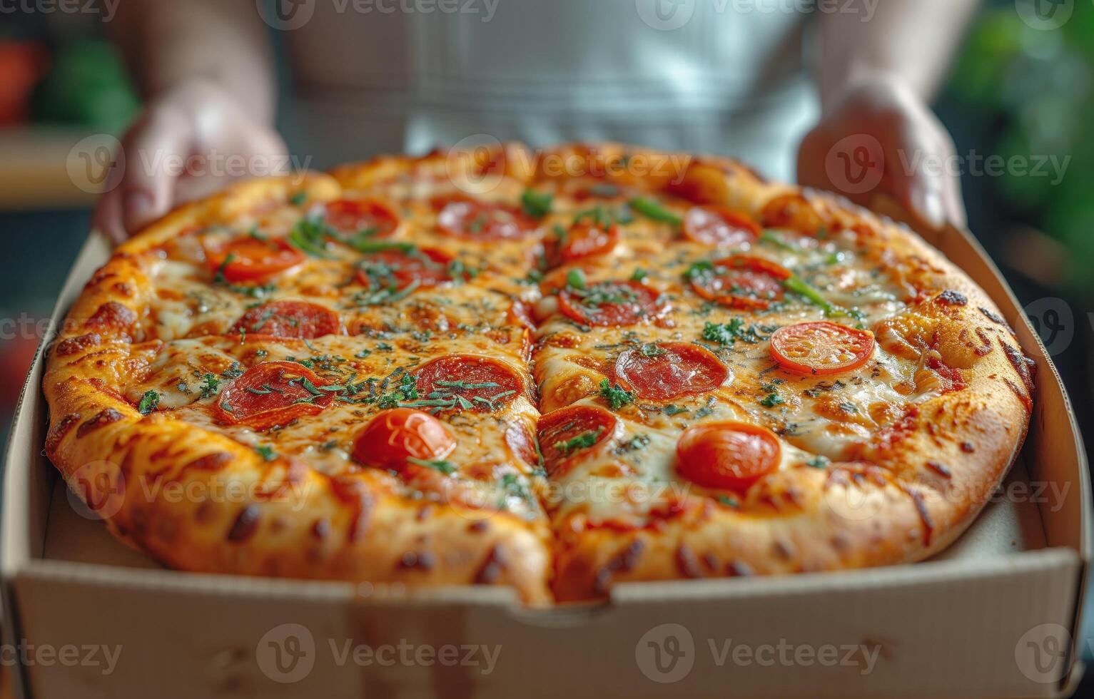 AI generated Open box with delicious pizza in hand photo