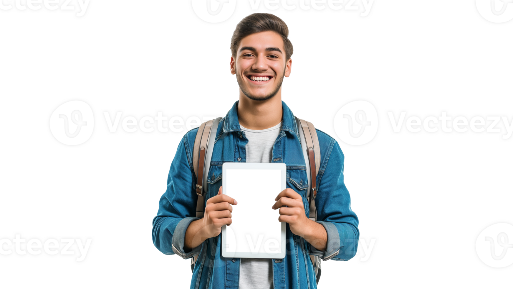 AI generated Young man holding tablet cutout. Happy man with tablet in hands on transparent background png