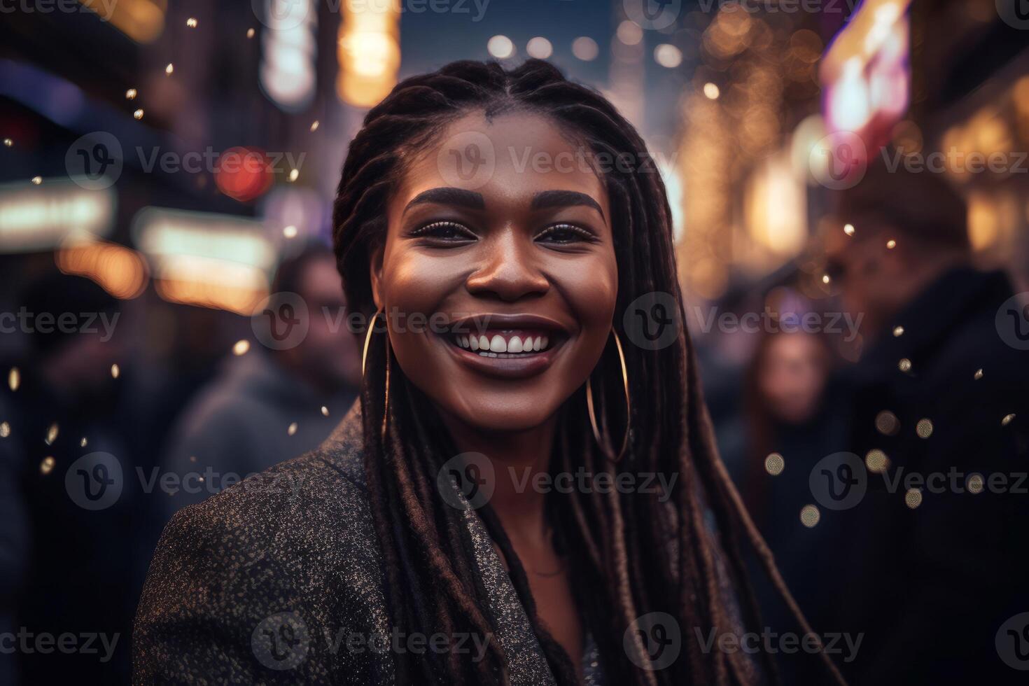 AI generated Street photography happy Nubian female model. Generate ai photo