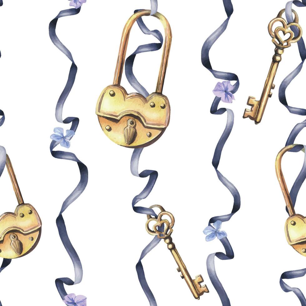 Golden keys and locks suspended on a dark blue ribbon. Hand drawn watercolor illustration. Seamless pattern on a white background vector