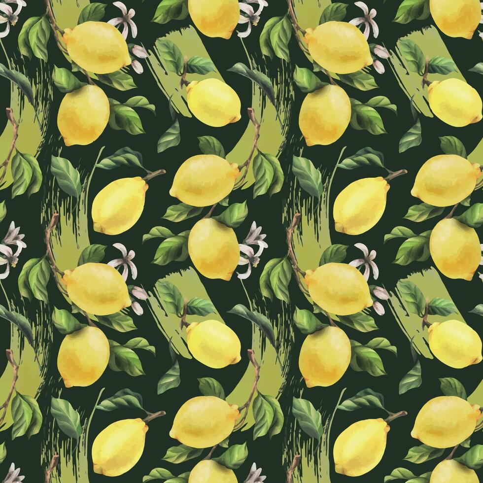 limones son amarillo, jugoso, maduro con verde hojas, flor brotes en el sucursales, todo y rebanadas acuarela, mano dibujado botánico ilustración. sin costura modelo en un verde antecedentes. vector